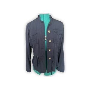 White House Black Market Navy Blue Soft Roll Tab Sleeve Drawstring Jacket.